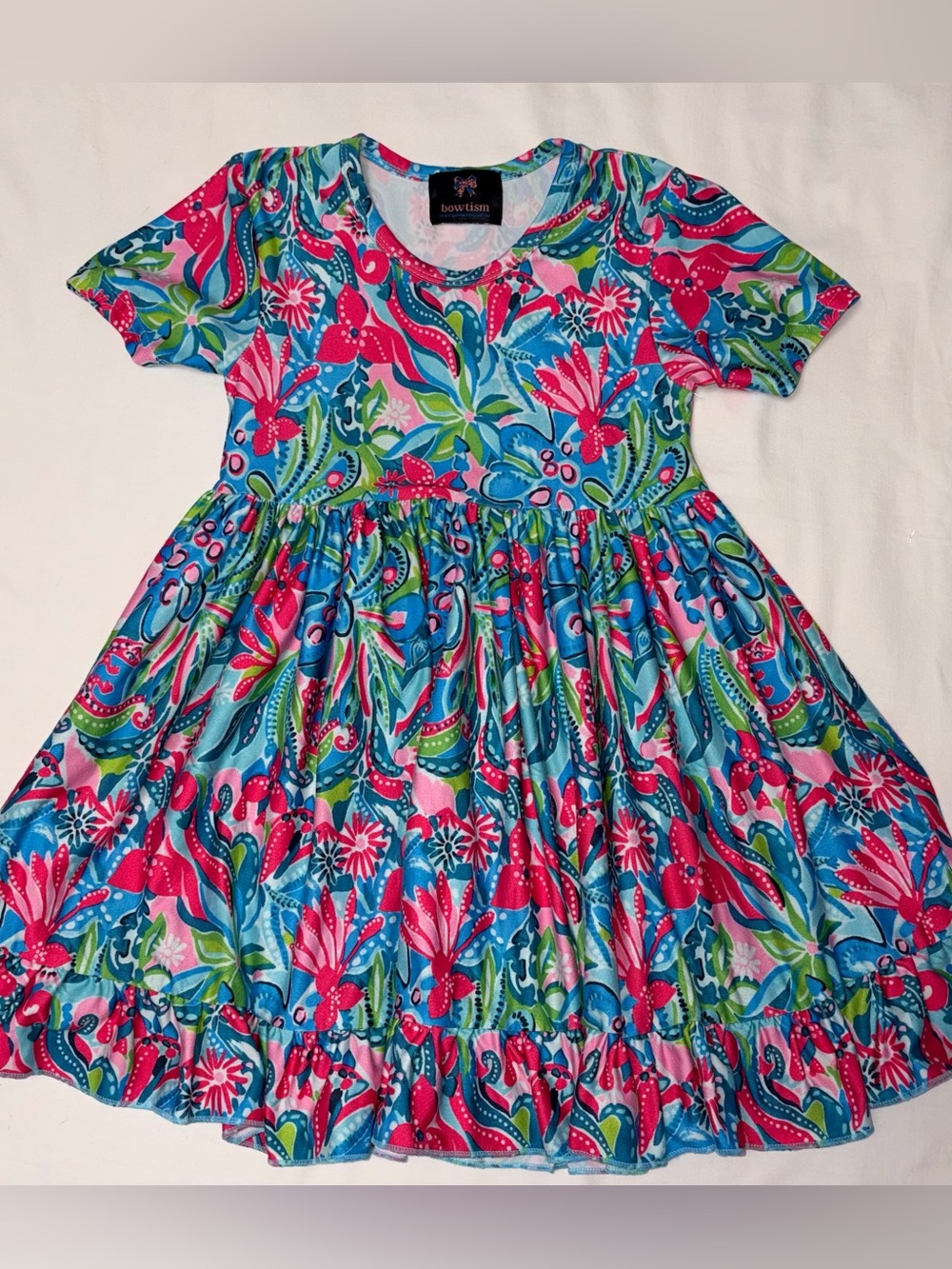 Bowtism bright floral dress with very full skirt & ruffled hem sz 4T like new